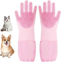 Silicone Pet Bathing Gloves with Finger Toothbrush – 2-in-1 Grooming & Deshedding Gloves for Cats, Dogs, Rabbits – Extended Design for Easy Cleaning & Massage(Pink)