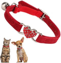 Puppy Collar with Bell, Bling Diamond Heart Soft Velvet Cat Collars with Bells for Xs Tiny Dogs Girls Pet Kitten Red