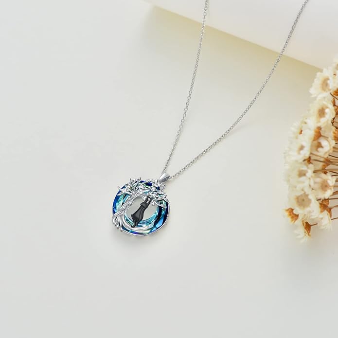 TOUPOP Cat Gifts for Cat Lovers Sterling Silver Cute Cats Tree of Life Pendant Necklace with Blue Circle Crystal Birthday Christmas Jewelry Gifts for Women