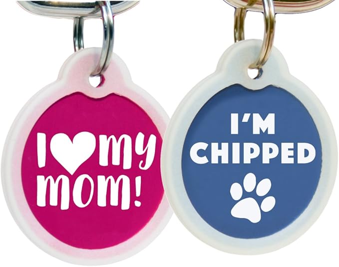 GoTags Funny Dog and Cat Tags Personalized with 4 Lines of Custom Engraved Text, Dog and Cat Collar ID Tags Come with Glow in The Dark Silencer to Protect Tag and Engraving, (Keep Calm Call My Dad)