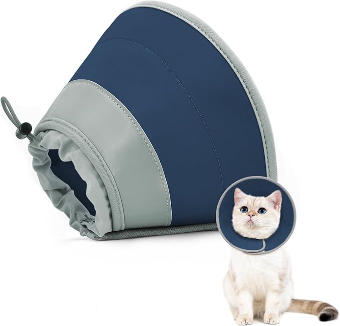 Cat Cone Collar Soft to Stop Licking, Adjustable, Foldable Lightweight Kitten Cone After Surgery Recovery for Cats & Kittens, EVA Material with PU Fabric, Solid Blue, M