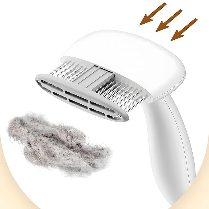 Self Cleaning Dog Deshedding Brush for Long Haired Dogs, 360° Rotating Comb Needles, Wider, Ergonomic Handle (White)
