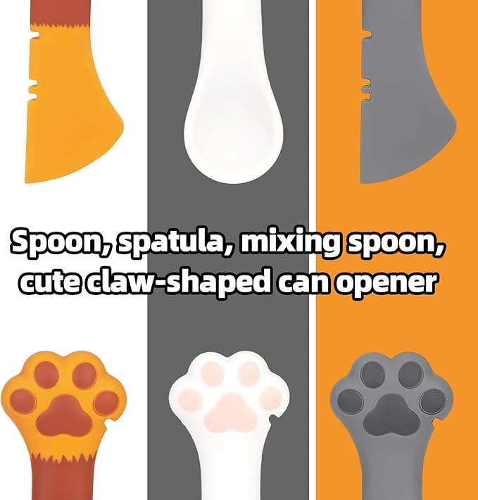 TOYMIS 3pcs Dog Cat Food Spoon, Silicone Can Opener Paw Design Multifunctional Pet Spatula Scoop Wet Food Mixing Spoons for Pet Supplies (White, Yellow, Grey)