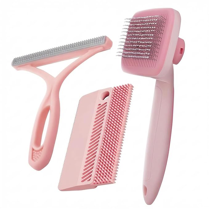 Self-Cleaning Cat Shedding Grooming Brush for Small Dog Pet Short Hair Remover Set Reusable Lint Removal Tool Carpet Scraper for Clothes Couch Bedding Furniture Car Pink