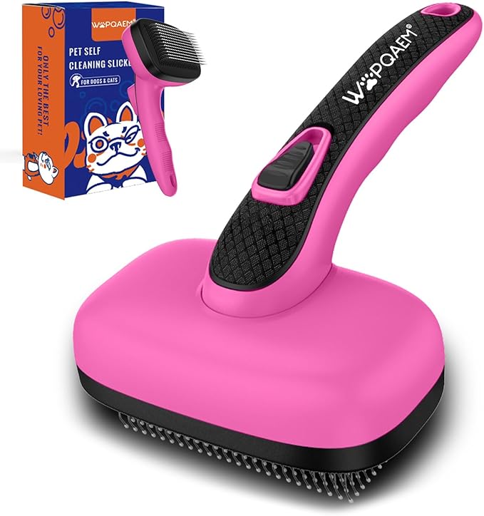 Self Cleaning Slicker Brush for Dog, Cat, Skin Friendly Shedding & Grooming Tool for Long and Short Haired Pets, Easy Clean Retractable Bristles, Pink