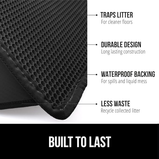 GORILLA GRIP Honeycomb Cat Litter Box Mat, Two Layer Trapping Waste Mats, Soft On Paws, Litter Box Supplies and Essentials for Indoor Cats, Traps Excess, Water Resistant for Floors, 24x15 Black
