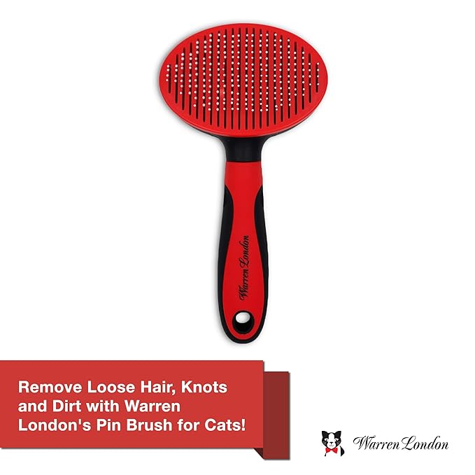 Warren London Self-Cleaning Cat Pin Brush | Push-Button Fur Ejector, Bead-Tipped Nylon Pins – Gentle Shedding & Detangling for Cats, Kittens, Rabbits, Ferrets & Small Dogs | Ergonomic Anti-Slip Grip