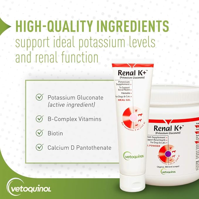Vetoquinol Renal K+ (Potassium Gluconate) Potassium Supplement Powder for Dogs and Cats, 3.5oz