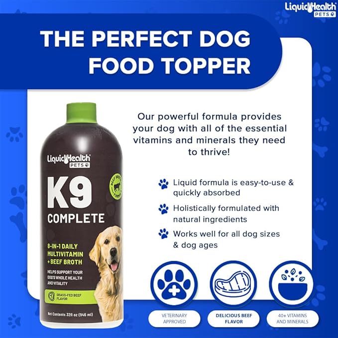 LIQUIDHEALTH Pets K9 Complete 8-in-1 Liquid Multivitamin for Adult Senior Dogs & Puppies, All in One Complete Formula Canine Vitamins for Skin & Coat, Joint Health, Immune Support - USA Made (32 oz)