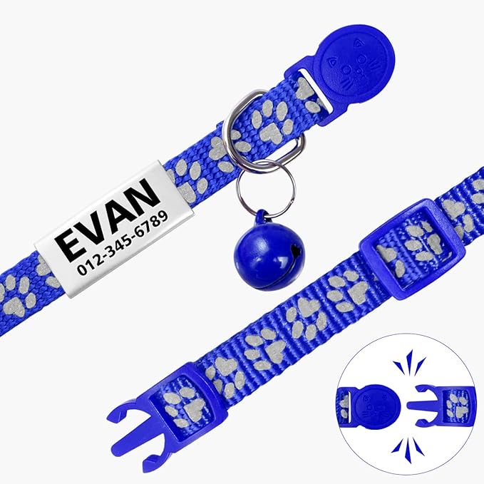 TagME 2 Pack Cat Collar with Name Tag, Personalized Reflective Cat Collar Breakaway with Bell for Boy & Girl Cats, NavyBlue