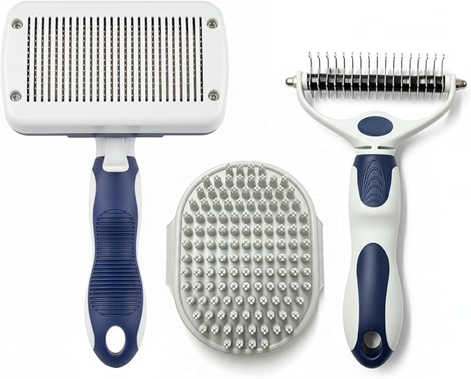 BPG Pet Grooming Tools for Dogs & Cats- 3 Piece Dog Grooming Kit, Slicker Brush, Bath Brush and Undercoat Rake- Non-Slip Easy to Use Deshedding Tools for All Coat Types
