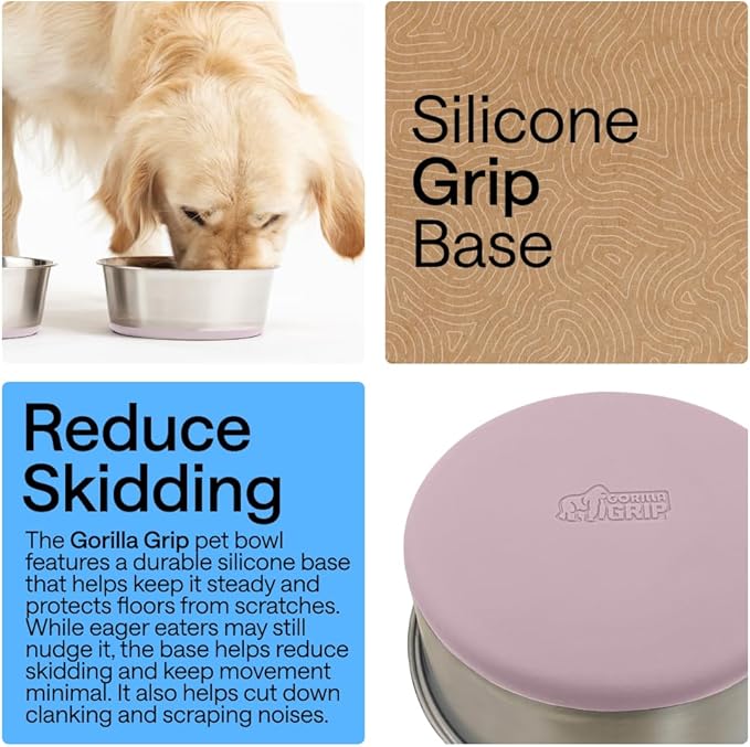 GORILLA GRIP Dog Bowls, Food Grade 304 Stainless Steel, Holds 8 Cups Each (64 fl oz) Food and Water Bowl for Feeding Dogs and Cats, Dishwasher Safe, Rust Resistant, BPA Free Rubber Base Set of 2 Pink