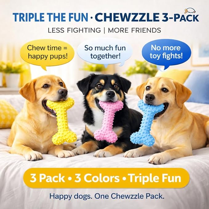 Chewzzle™ Dog Chew Toys for Small Dogs & Puppies | Soft TPR Textured Bones for Light to Moderate Chewers | 3-Pack Vibrant Colours, Safe & Engaging Design