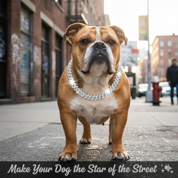 Luxury Cuban Link Dog Collar Silver Dog Chain Necklace with Diamond Rhinestones - 0.59 Inch Width Metal Pet Collar Jewelry for Small Medium Large Dogs & Cats (18 inch)