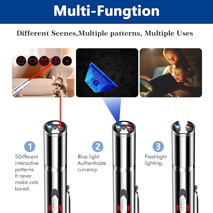 Rumcut Laser Pointer Cat Toys, Cat Laser Pointer Toy with Three Light Modes, Five Adjustable Patterns,USB Portable Charging, Interactive cat Toy Multifunctional and Portable