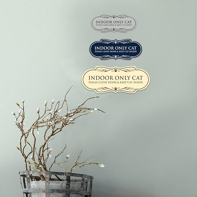 Designer Paws, INDOOR ONLY CAT Please Close Door & Keep Cat Inside (Navy Blue/Gold) - Medium
