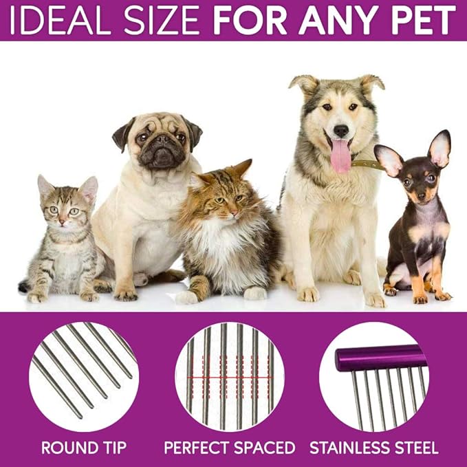 Pet Comb 10 inches Comfortable Grooming Cat Comb with Different-Spaced Rounded Stainless Steel Teeth, Easy Grip and Convenient Grooming Metal Dog Comb for Pets Dog with Medium Coarse Fur - Purple