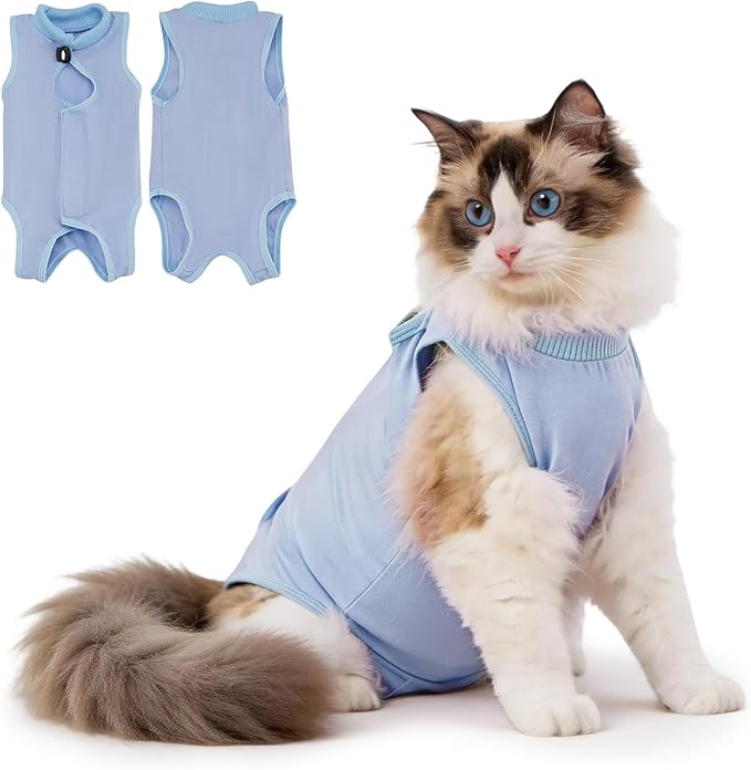 Avont Cat Recovery Suit Female Kitten After Spay Surgery, Breathable Modal Cotton Cat Onesie for Wound & Skin Disease Care, Machine Washable -Blue(S)