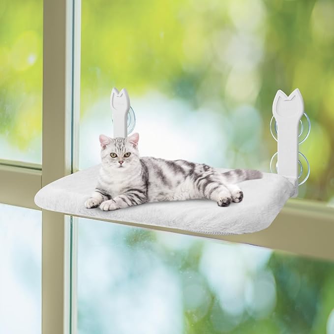 2 Pack Cat Window Perch,Cat Window Hammock Cordless Foldable Window Bed with 4 Large Strong Suction Cup,Reversible Cushion Cover,Metal Frame Easy to Adjust Window Seat Holds up to 40lbs(White，M