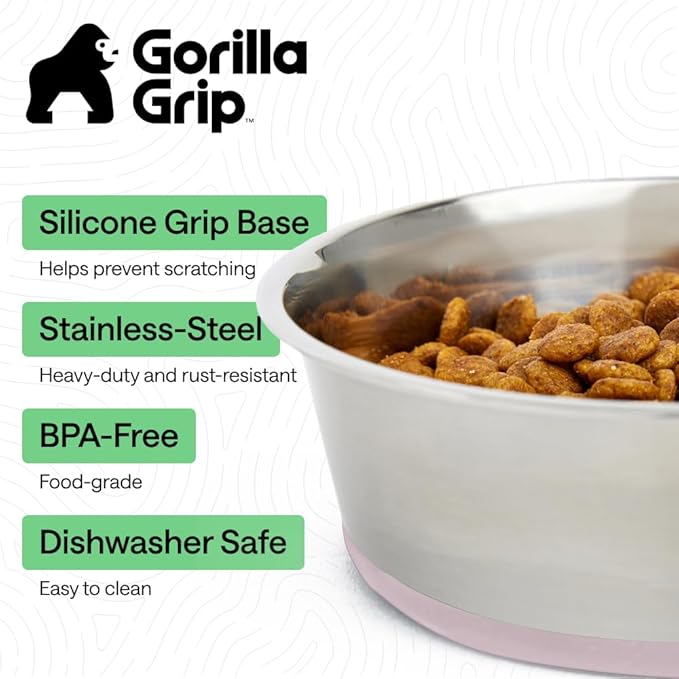GORILLA GRIP Dog Bowls, Food Grade 304 Stainless Steel, Holds 2 Cups Each (16 fl oz) Food and Water Bowl for Feeding Dogs and Cats, Dishwasher Safe, Rust Resistant, BPA Free Rubber Base Set of 2 Pink