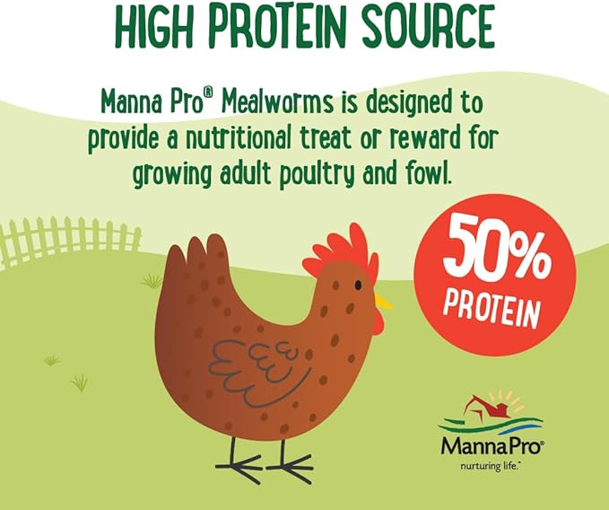 Manna Pro Farmhouse Favorites Mealworms Poultry Treat - Protein Treat for Poultry - Chickens, Turkeys, Ducks, Geese, and Guinea Fowl - Contains 50% Protein - 100% Natural Poultry Snack - 10oz