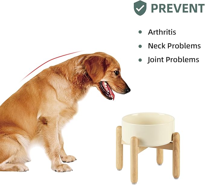 Ceramic 7.3inch Raised Dog Bowl Set, Elevated with Wooden Stand, Food and Water Bowl for Medium Breed Dogs, Weighted Dog Dishes, Pet Feeder(Light Yellow)