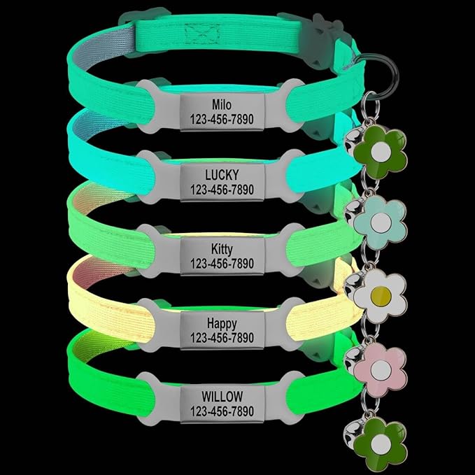 Personalised Glow in the Dark Cat Collar with Bell, Adjustable Breakaway Safety Luminous Collar with Stainless Steel Name Tag Fluorescent Glow (Grow in the Dark)