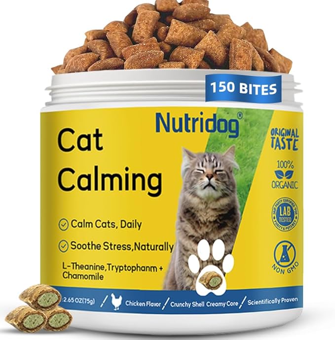 Cat Calming Treats with L-Theanine, Anxiety Relief Chews for Stress & Aggression - Fast Acting Chicken Flavor, 150 Count Crunchy Soft Bites