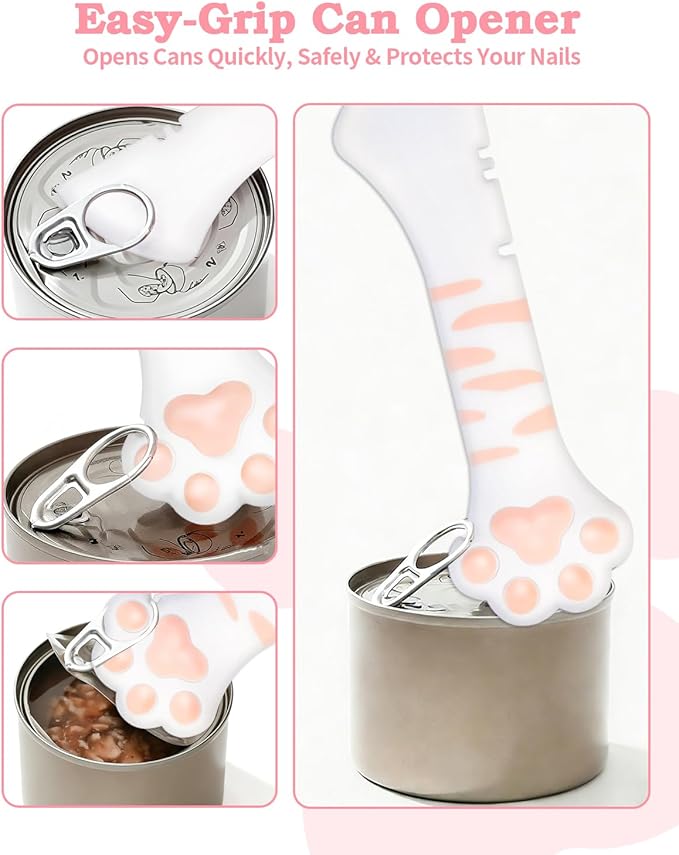 6 PCS Cat Food Can Covers Set, Reusable Silicone Can Lids with Opener, Stainless Steel Wet Food Spoon & Cat Treat Squeezer for Pet Feeding and Storage, Fits Cats & Dogs (Pink)