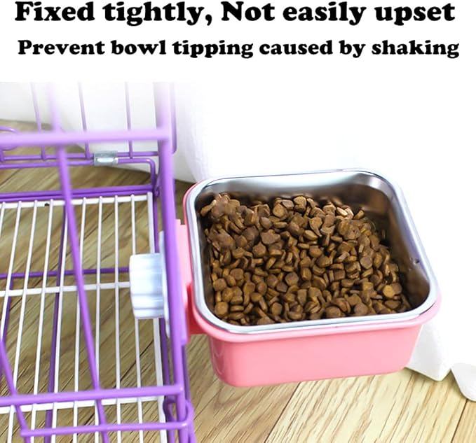 Love Dream Crate Dog Cat Bowls, Hanging Pet Cage Food Water Feeder with Removable Stainless Steel Bowls and Bolt Holder for Puppy Cat Rabbit Birds (Large, Pink)