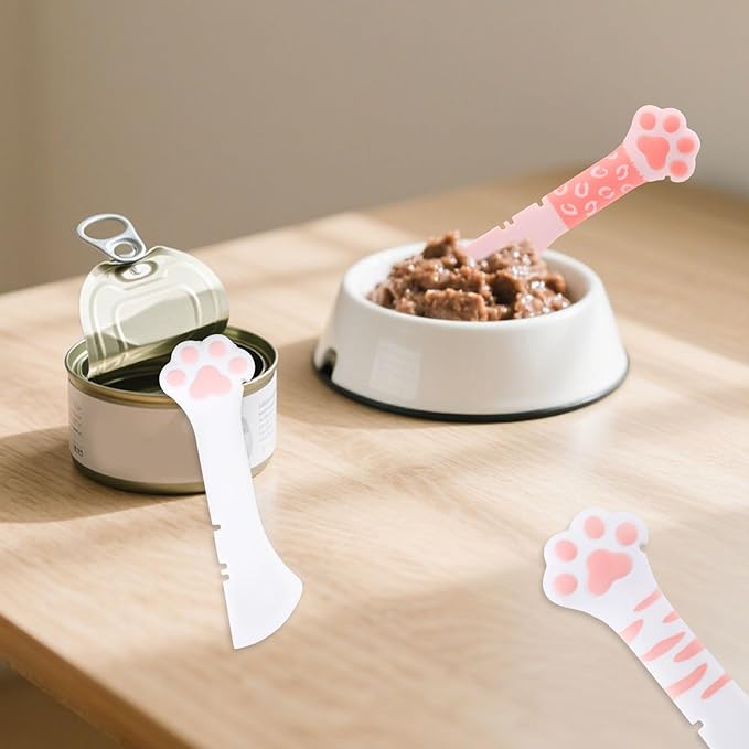 Tinoaly 3 Pcs Dog Cat Food Spoon, Adorable Paw Spoon for Wet Food Silicone Can Opener Multifunctional Pet Spatula Scoop Mixing Spoons for Cat Dog Supplies (White & Pink)