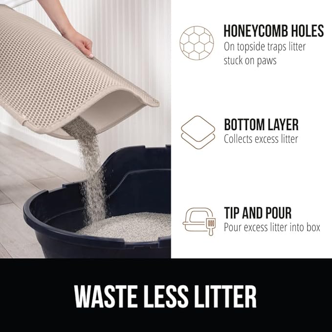 GORILLA GRIP Honeycomb Cat Litter Box Mat, Two Layer Trapping Waste Mats, Soft On Paws, Litter Box Supplies and Essentials for Indoor Cats, Traps Excess, Water Resistant for Floors, 24x15 Beige