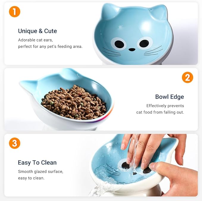 Raised Ceramic Cat Food Bowl - 15 Tilted, Spine Protection, Anti-Vomiting, Backflow Prevention for Adult Cats, Kittens, and Small Dogs (Blue Face)