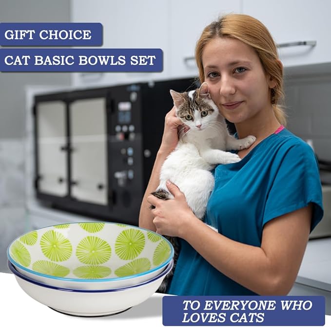 HAPPY KIT 2pcs Little Cat Bowls,5.7 inch Food Bowl for Indoor Cats，Ceramic Wide Shallow Bowl for Relief Whisker Friendly,8.5oz Cats Dish/Dishes with Non-Slip Mat, 2 Stamen