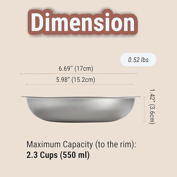 PEDAY 18/8 Stainless Steel Cat Bowls, Whisker Friendly, Human Grade, Dishwasher Safe, Easy to Clean, Pack of 2, Each Holds 2.3 Cup
