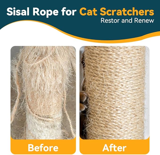 Natural Sisal Rope for Cat Scratcher Replacement, Durable Cat Tree Post Repair Cord for DIY Projects, Climbing Towers, Furniture Protection, Scratch Pad, Crafts, Garden, and Home Décor Use