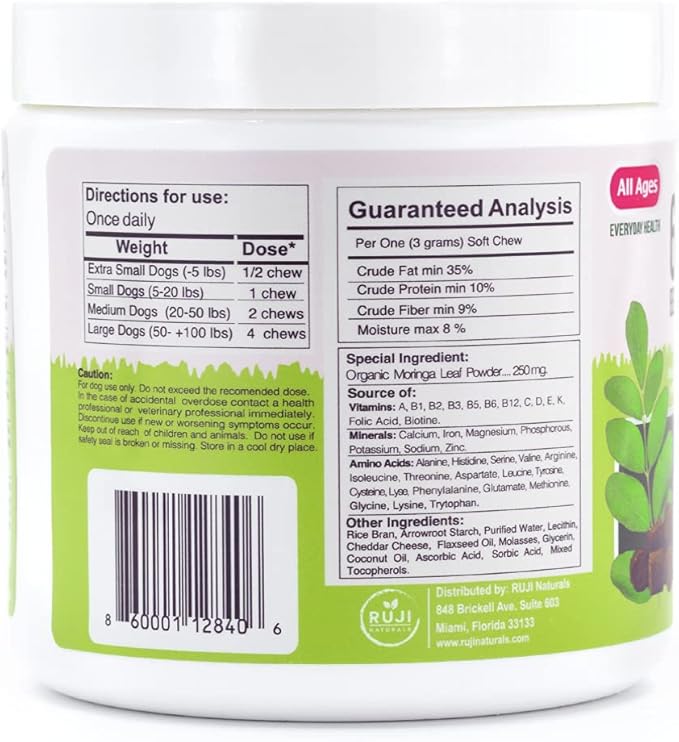 6 in 1 Superfood Dog Supplement with Organic Moringa | Treats for Immune System and Overall Health | Pets All Natural Multivitamins - 90 Chews