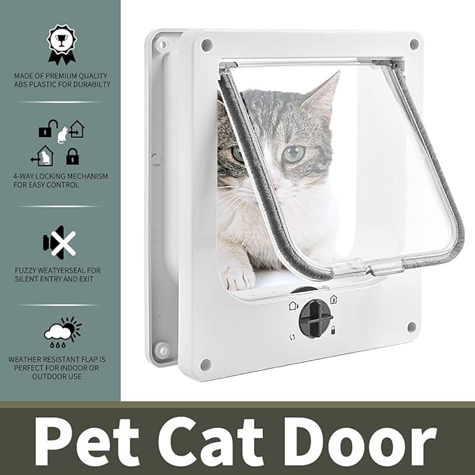 EASY JOY Cat Doors(Outer Size 8.6" x 7.5"), 4-Way Locking Cat Door for Interior Exterior Doors, Weatherproof pet Door with Magnet for Cat or Dog < 16.1 inches in Girth(White M)