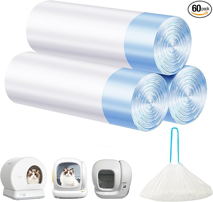 Cat Litter Bags 60 Count, 21.65"x11.8" Drawstring Close Litter Box Liners for Automatic Litter Box,Thick Cat Poop Bags,Easy to Clean,Heavy Duty Robot Bag for Self-Cleaning Box