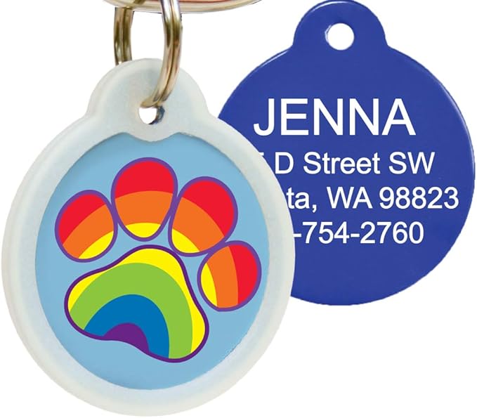 GoTags Unique Pet Tags, Personalized with 4 Lines of Custom Engraved ID, Silent Dog Tags with Glow in The Dark Silencer to Quiet Tag, Several Cute Tag Designs for Cat or Dog, (Rainbow Paw)