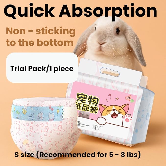 Leakproof Bunny Diapers – Disposable Pet Diaper for Rabbits, Great for Incontinence, Surgery, and Potty Accidents (Trial Pack/1 Piece,S Size (Recommended for 5-8 lbs))