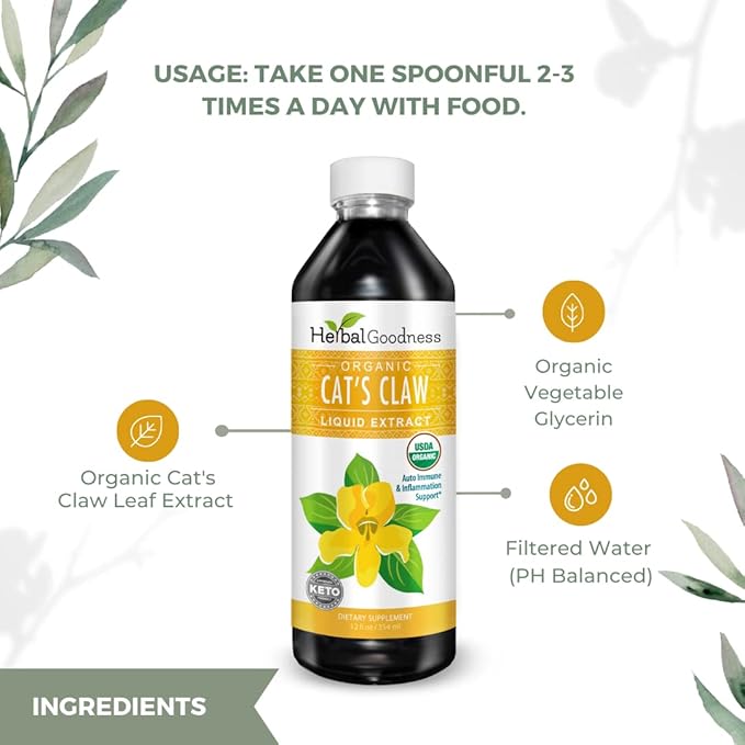 Cat's Claw Liquid Extract - Herbal Supplement for Digestive Boost, Joint/Muscle Support, Immunity, Heart Support- Superior Absorption-Organic 12oz -23 Servings/Bottle -Made in USA -Herbal Goodness