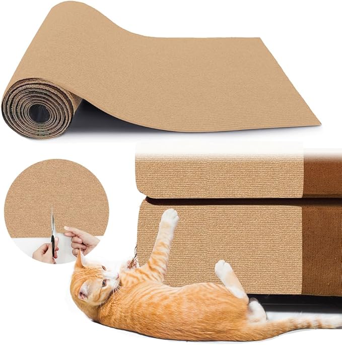 NATUYA Cat Scratcher Mat, 39.4"x15.8" Trimmable Cat Carpet Replacement for Cat Tree Shelves, Self-Adhesive Cat Couch Protector, Easy Use for Wall Furniture and Scratcher Posts, Khaki