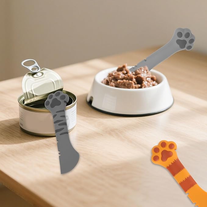 Tinoaly 3 Pcs Dog Cat Food Spoon, Adorable Paw Spoon for Wet Food Silicone Can Opener Multifunctional Pet Spatula Scoop Mixing Spoons for Cat Dog Supplies (Orange, Grey & Dark Grey)