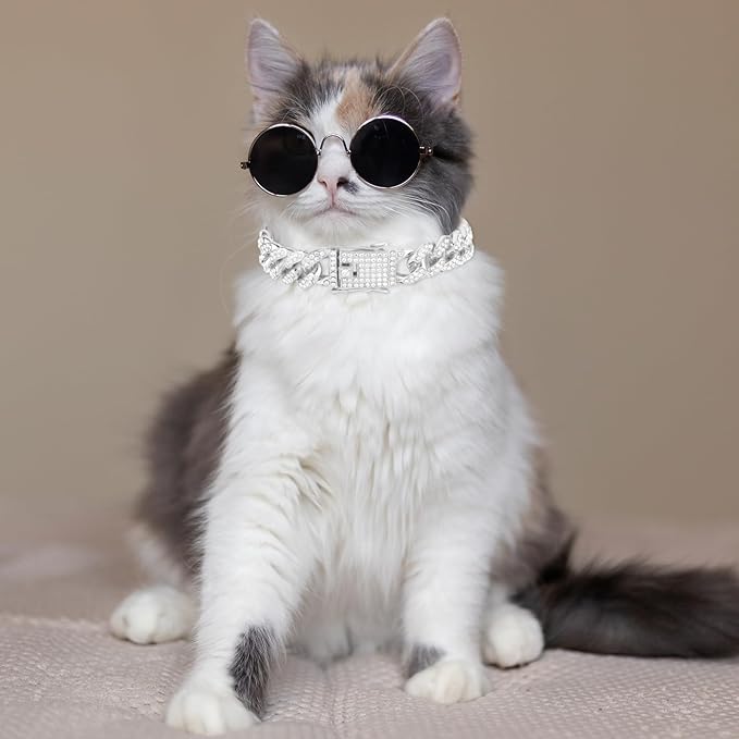 Amabro Cat Chain Collar, Diamond Cuban Link Kitten Walking Collar with Secure Buckle 12mm Wide Pet Rhinestones Necklace Metal Chain Jewelry Accessories for Cats Dogs Kittens Puppies 8inch(Silver)