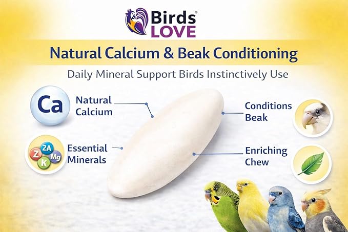 Birds LOVE 7.5-8" Cuttlebones for Birds – 100% Natural Sun-Dried Calcium Carbonate Mineral Supplement – for Parakeets, Budgies, Cockatiels, Finches & Canaries – 6 Pack with Holder – Made in Vietnam