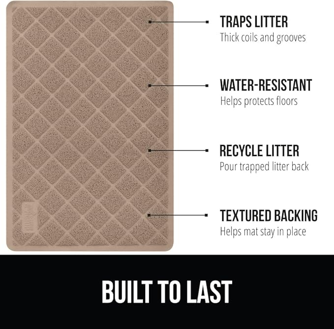GORILLA GRIP Cat Litter Box Mat, 35x23 2 Pack, Water Resistant, US Designed Kitty Litter Trapping Mats, Easy to Clean Scatter Control, Less Mess and Clean Floors, Kitten Supplies for Indoor Cats Beige