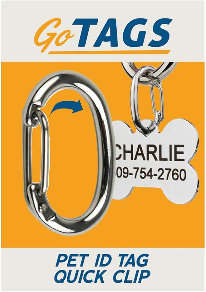 GoTags Pet ID Dog Tag Clip, Strong Durable Dog and Cat Tag Connector, Quick Clip to Pet Collars, Easy Upgrade for Split Ring, Mini Carabiner Made of Stainless Steel, Pack of 3