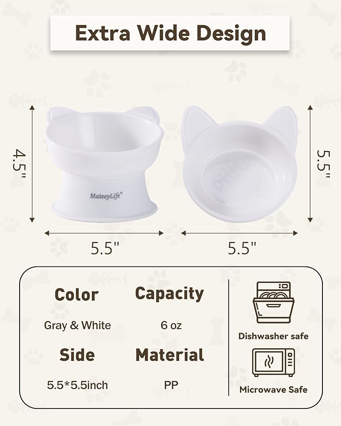 MateeyLife Elevated Cat Bowls, 2P Raised Food and Water Bowl Set for Indoor Cats & Small Dogs, Whisker Fatigue Cat Bowl, Anti Vomit Feeding Pet Bowls, 6 oz Each, Dishwasher Safe - White & Grey