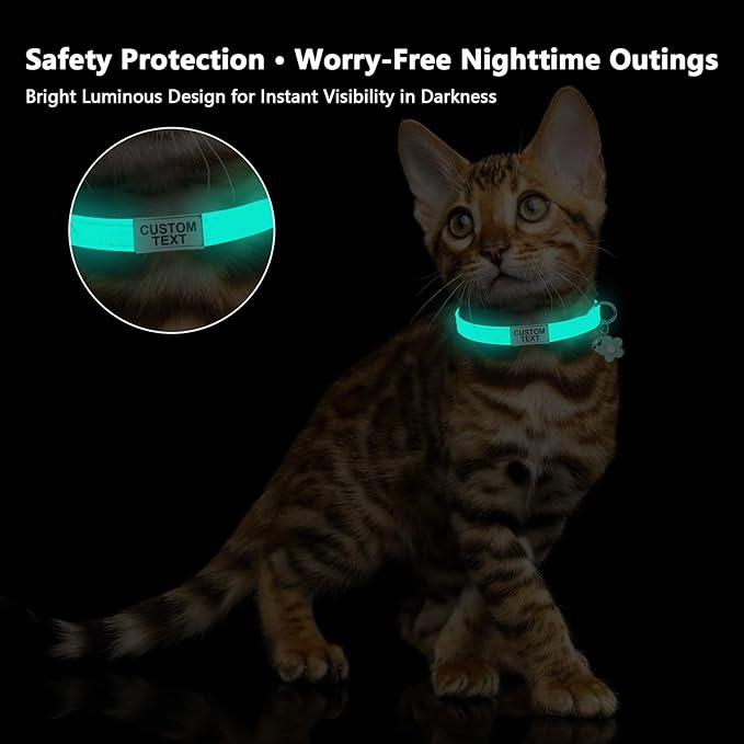 Custom Glow in the Dark Cat Collar with Breakaway Buckle Anti-Lost Nameplate Luminous Cat Collar - Adjustable Size (8-11 Inch) for Kittens Cats, Personalized Laser Engraving ID Tag & Removable Bell